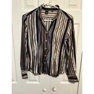 ISHYU Women's 100% Silk Blouse, Long Sleeve, Brown Cream Multi-Color Stripes, XS